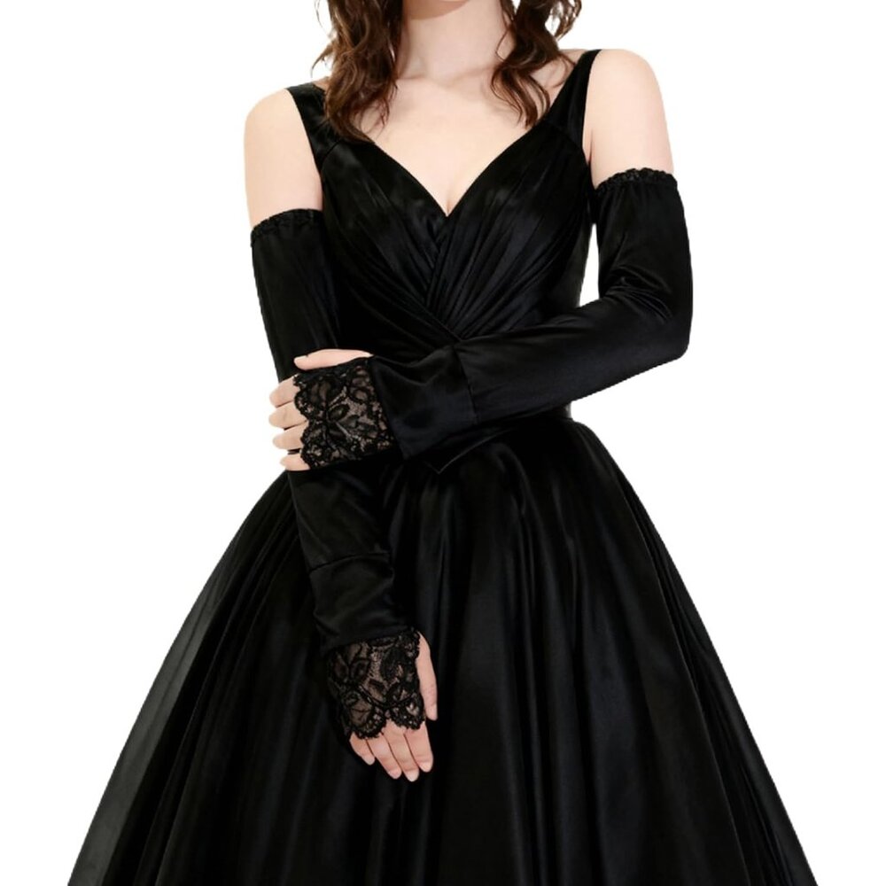 Women's Black-01 Arm Sleeves  Satin Lace Long Gloves Wedding Party Tea Prom